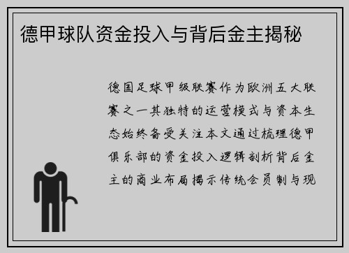 德甲球队资金投入与背后金主揭秘