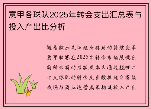 意甲各球队2025年转会支出汇总表与投入产出比分析